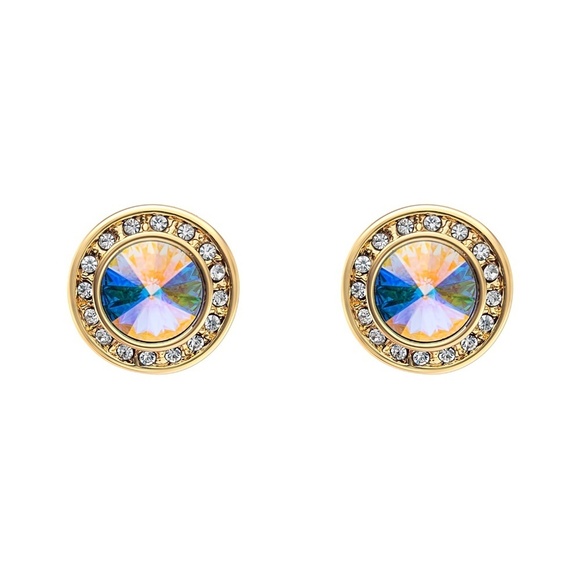 Goldtone Halo Stud Earrings with Swarovski AB Crystals - Picture 1 of 2